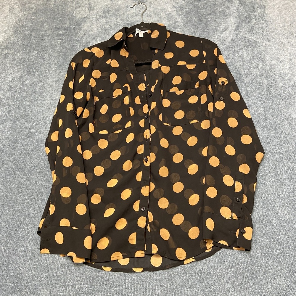 Express Portofino Blouse Top Womens Small Black Yellow Button Front Polka Dot - Picture 1 of 13